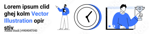 Person delivering a speech, clock emphasizing time management, and a winner holding a trophy. Ideal for motivation, productivity, success, education, achievement, presentations simple landing page