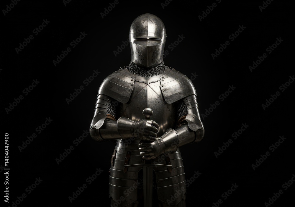 Medieval knight armor with helmet on black background. Silver metallic historical battle equipment. Side view of museum exhibition piece for medieval warfare reenactment. Medieval knight armor with helmet on black background. Silver metallic historical battle equipment. Side view of museum exhibition piece for medieval warfare reenactment.