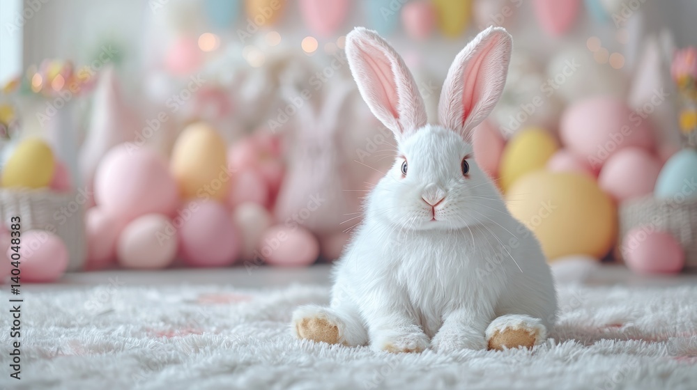 Obraz premium Full-body Easter bunny costume with oversized ears, fluffy paws, and a festive spring backdrop