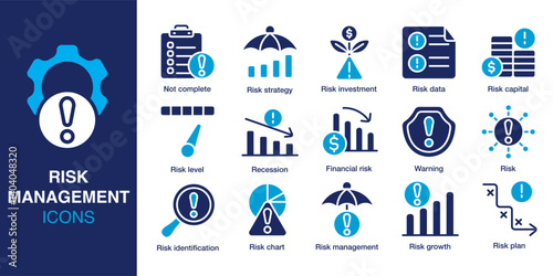 Risk Management icon set. Containing financial risk, risk strategy, warning, recession, risk chart, risk plan and more. Solid vector icons collection. Vector illustration.