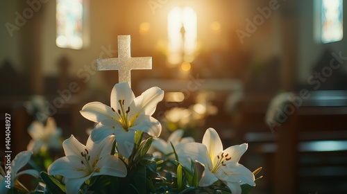 Easter Sunday church service with a cross at the center, decorated with lilies and soft light streaming in