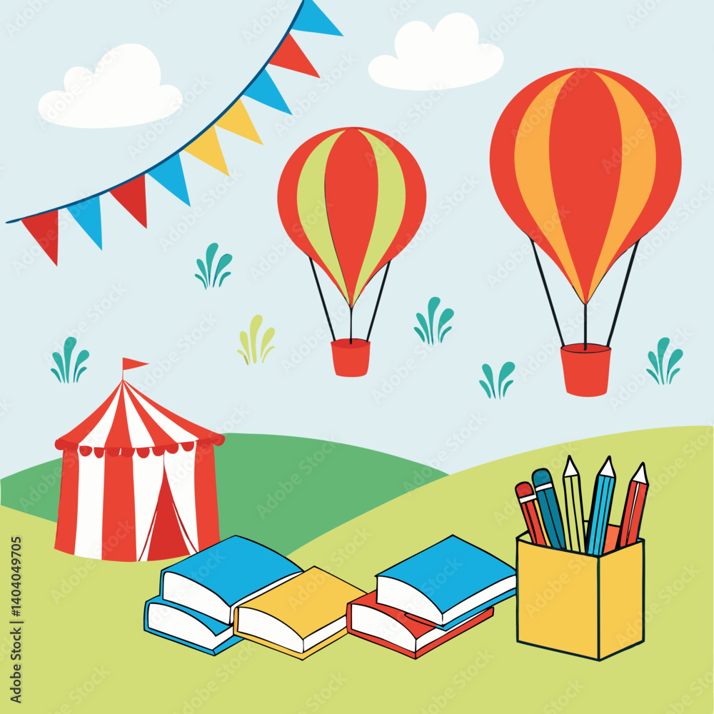 Vibrant flat-style illustration of a school fair featuring balloons, books, and pencils—perfect for educational and festive design projects