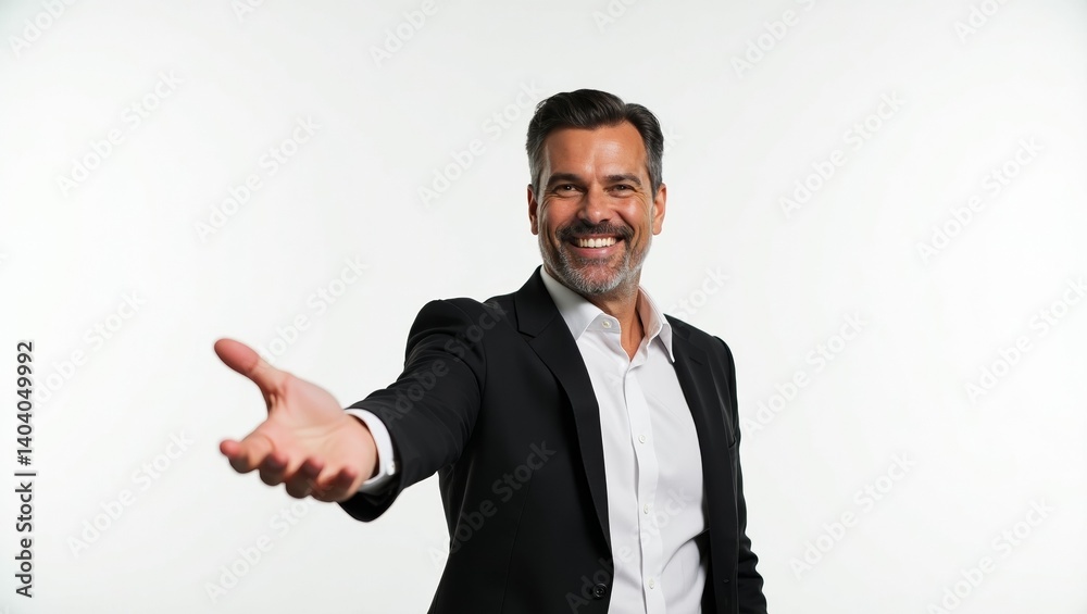 Friendly businessman confidently welcoming with a beaming smile in a professional setting Friendly businessman confidently welcoming with a beaming smile in a professional setting
