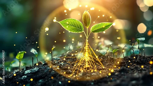 Sprout in soil encased in glowing energy sphere, showing growth, nature, and technology connection