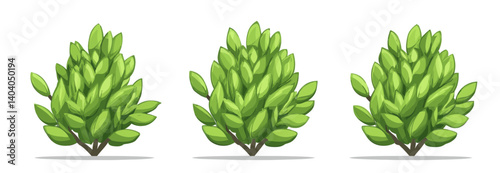 A simple, abstract, and modern cartoon illustration of a shrub, bush, shrubbery, and tree is presented in a flat style, set against a white background with isolated garden green plants, serving as an
