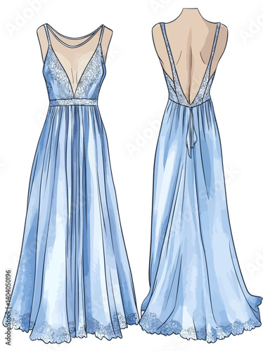 Technical fashion illustration of a Slip Dress, featuring a Maxi Dress with lace trim, including a back zip-up, strap, and front and back views in white, for women's CAD mockup