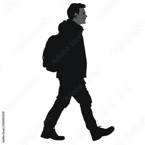 Modern silhouette of individuals walking in black isolated on a white background