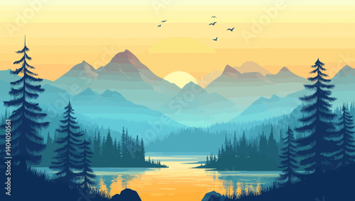 A minimalist flat design landscape illustration of a wetland, suitable for use as a wallpaper, background, postcard, or poster, is available as stock
