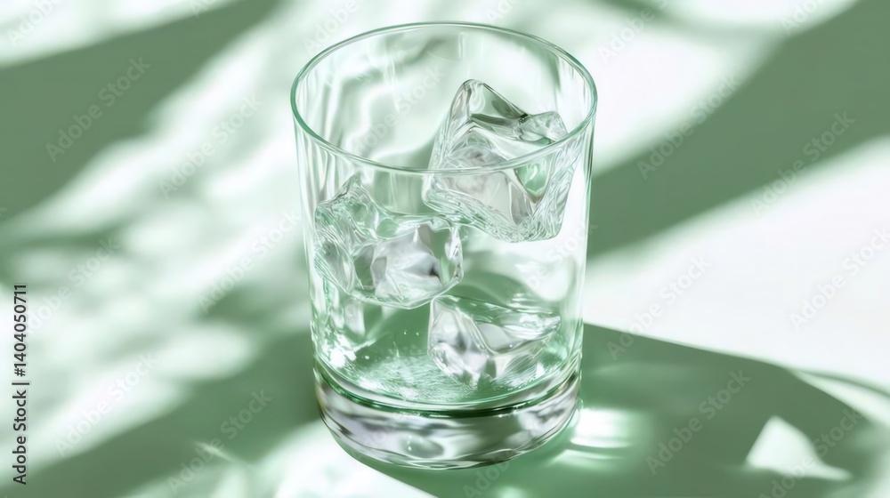 Transparent Glass Filled With Ice Cubes On A Green Surface With Natural Shadows Transparent Glass Filled With Ice Cubes On A Green Surface With Natural Shadows
