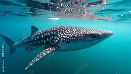 Majestic whale shark swimming gracefully in clear ocean waters near tropical coral reefs during mid-afternoon