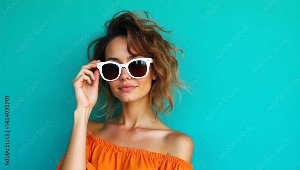 Fototapeta premium Selfassured young female hipster in orange off-shoulder top enjoys vibrant backdrop and confident pose in summer sunlight