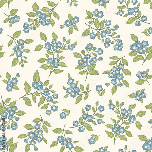 Delicate petit forget me not vector seamless pattern. Vintage ditsy flowers botanical print, perfect for cottagecore spring garden decor and traditional classic farmhouse textiles, timeless stationery