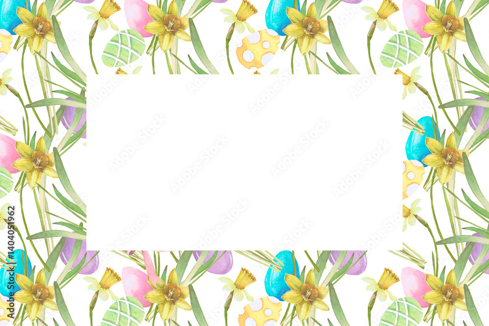 Frame of spring flowers, Easter eggs, leaves watercolor illustration isolated on white. Narcissus and eggs hand drawn in pastel tones for Easter cards, packaging and festive decor Frame of spring flowers, Easter eggs, leaves watercolor illustration isolated on white. Narcissus and eggs hand drawn in pastel tones for Easter cards, packaging and festive decor