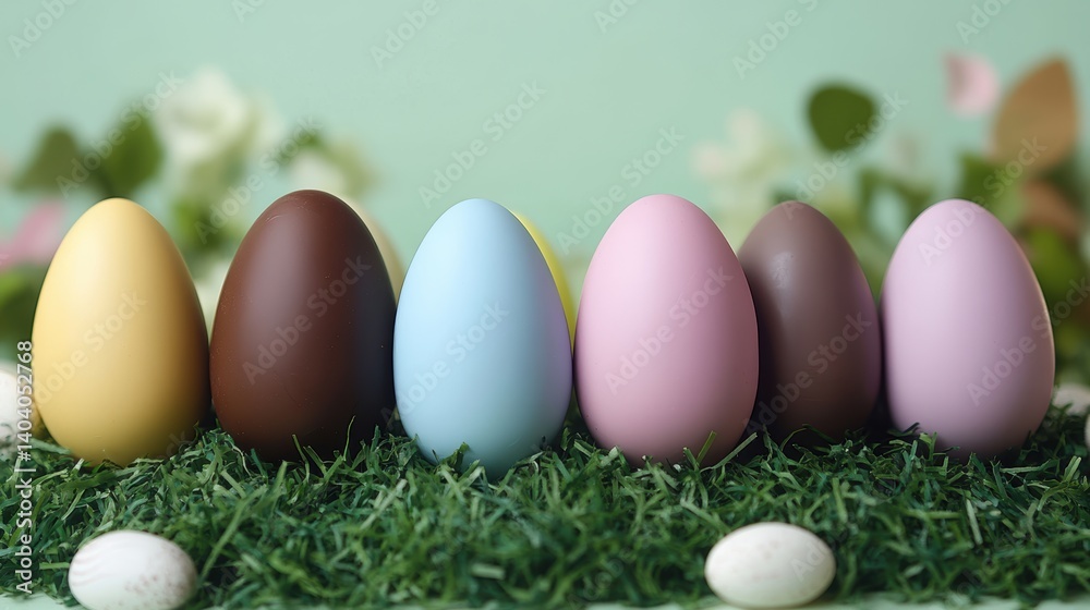 Easter chocolate eggs in a variety of pastel colors, nestled on a bed of soft grass with a festive backdrop Easter chocolate eggs in a variety of pastel colors, nestled on a bed of soft grass with a festive backdrop