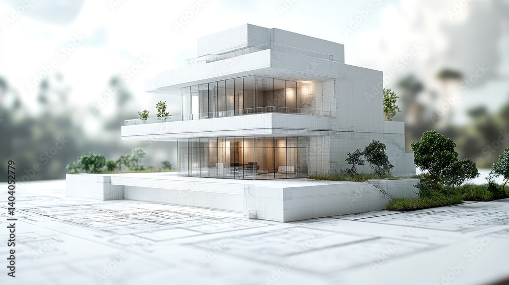 Modern architectural model of a luxury home on blueprints.