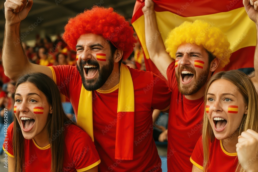 Fototapeta premium A group of lively Spanish fans with face paint, wigs, and a flag passionately cheers at a game. Concept of: Unbridled enthusiasm.