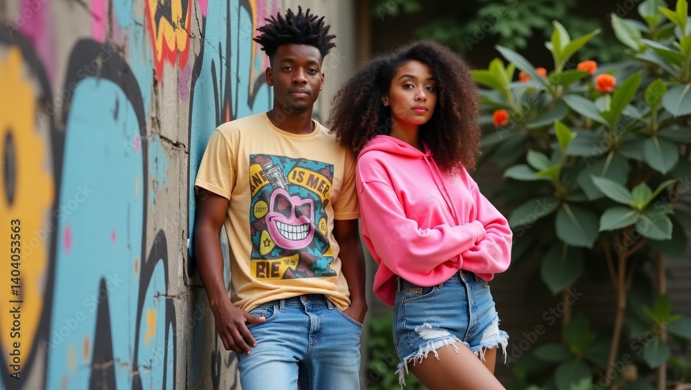 Fototapeta premium Young adults pose casually against a vibrant urban mural in a lively street setting during daytime
