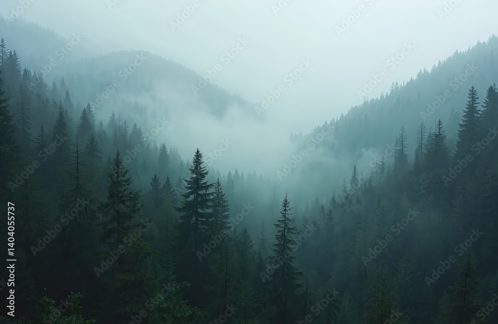 Fototapeta premium Misty mountain forest landscape with pine trees. Foggy, mysterious atmosphere. Hiking adventure, active outdoor exploration, rest, travel, journey in wild nature. Scenic trail, trekking, walking in