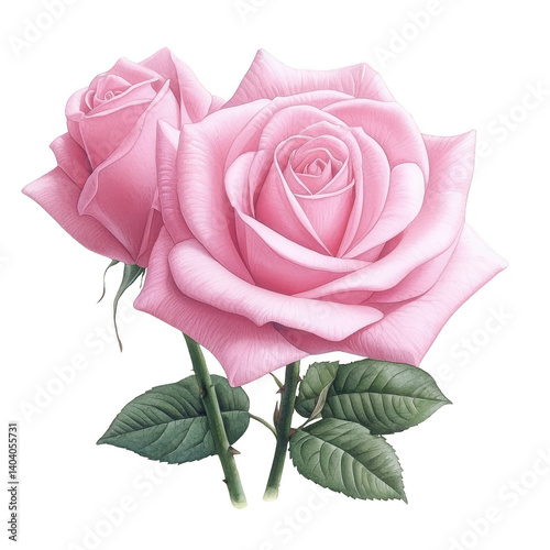 Two delicate pink roses with lush green leaves are beautifully illustrated, showcasing their intricate petals and natural elegance. soft colors evoke sense of romance and tranquility