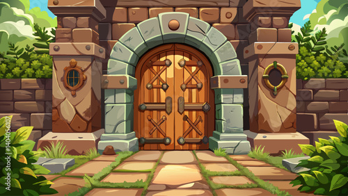 Imposing wooden door and stone arch entrance of an ancient building