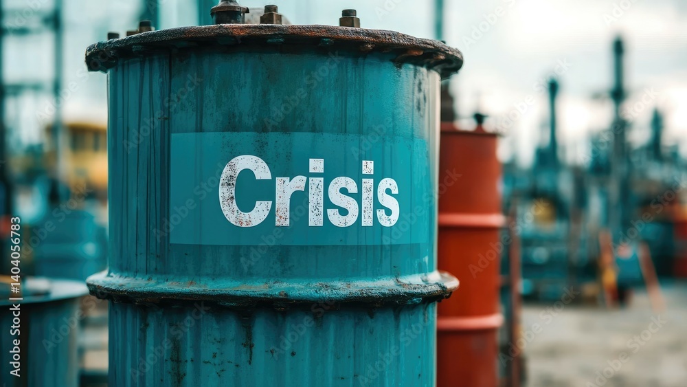 Teal Industrial Barrel with Crisis Label in Refinery Setting Teal Industrial Barrel with Crisis Label in Refinery Setting