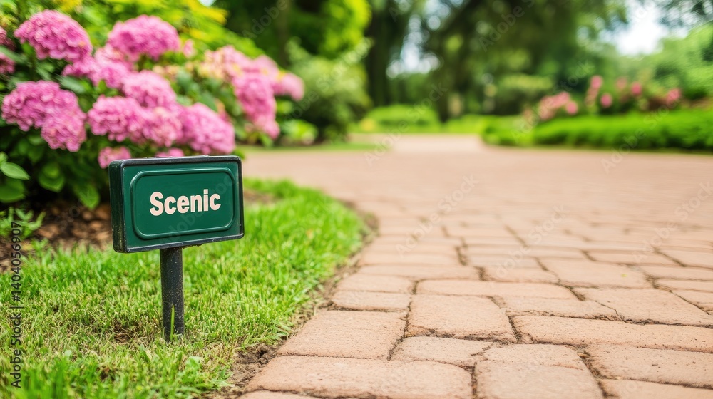 Scenic Park Pathway Signpost Hydrangea Flowers Green Grass Scenic Park Pathway Signpost Hydrangea Flowers Green Grass