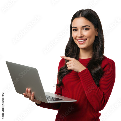 Young woman in a red sweater holding a laptop and pointing with a confident smile isolated on transparent background