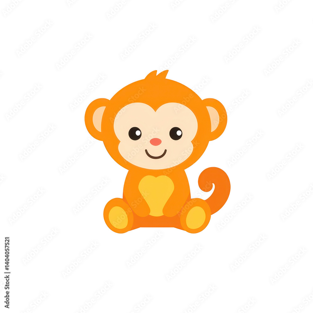 Fototapeta premium cute cartoon monkey with cheerful expression sits with its tail curled. monkey is orange with light yellow belly and face, featuring large round eyes and small smile