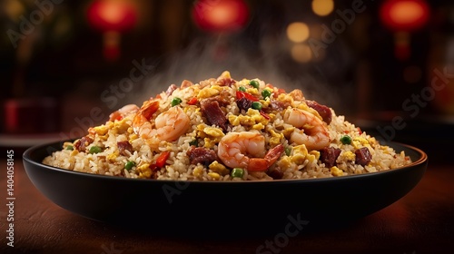 Yangzhou fried rice, a famous Chinese dish made with fluffy long-grain rice, juicy shrimp, diced barbecue pork, scrambled eggs, and fresh vegetables.