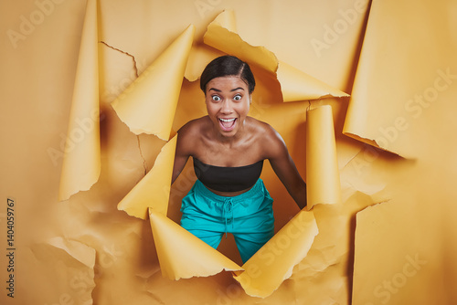 Young woman emerging from torn yellow paper, expressing surprise.  Image showcases vibrant energy and unexpectedness, ideal for advertising or creative concepts