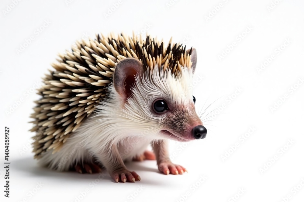 Fototapeta premium Tiny hedgehog on pure white background, curled in ball , design, spikes