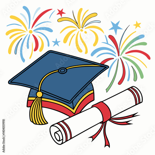  Vibrant graduation cap and diploma set against dazzling fireworks, symbolizing academic achievement and celebration