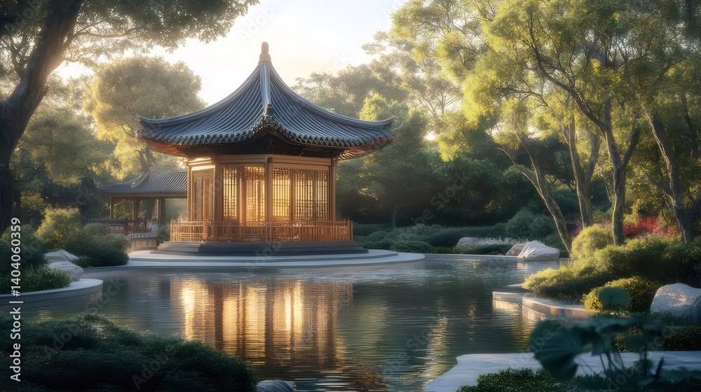 Ornate Pavilion Beside Serene Pond Reflecting Golden Sunlight in a Lush Garden Ornate Pavilion Beside Serene Pond Reflecting Golden Sunlight in a Lush Garden