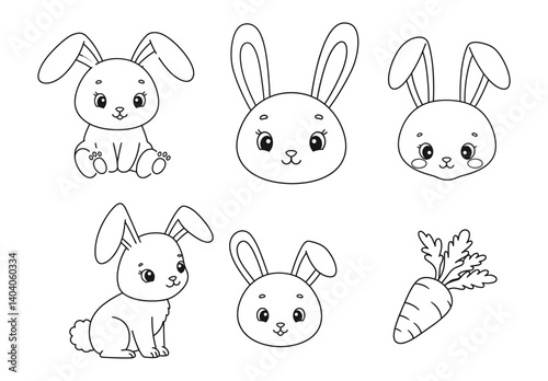 Minimalist Bunny Coloring Page Line Art of Kawaii Rabbits, Carrots for Kids to Print and Color