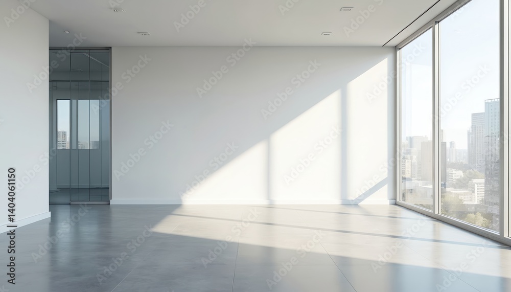 Obraz premium Empty modern office interior with white walls, large windows, city view. Sunny day light shadows on grey floor. Minimalist design, blank space for business, finance, marketing. 3D rendering of new