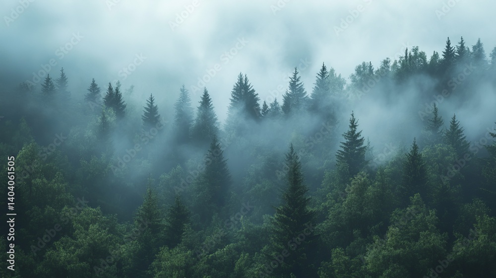 Misty mountain forest landscape with evergreen trees in fog sky eco view calm blue grey woods moody Misty mountain forest landscape with evergreen trees in fog sky eco view calm blue grey woods moody