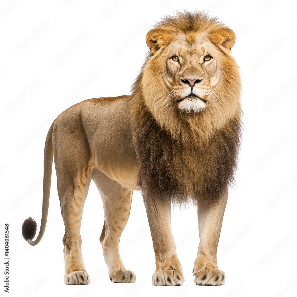 Obraz premium majestic lion stands proudly, showcasing its powerful build and magnificent mane. lion intense gaze and regal posture exude strength and authority, embodying essence of wild