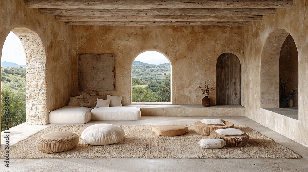 Fototapeta premium Serene Minimalist Interior Design with Earthy Tones and Tranquil Views