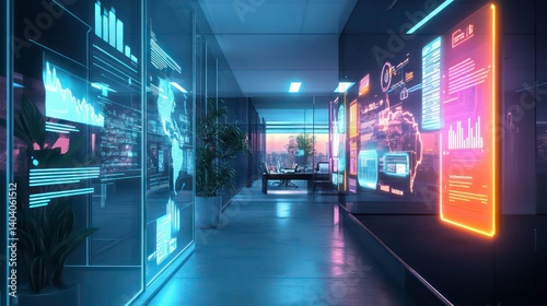 Futuristic office hallway with holographic displays showing data, graphs, and world map.