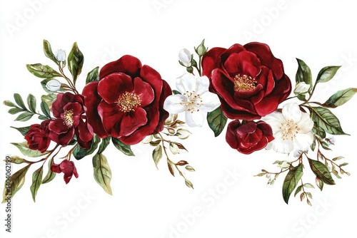Heart-shaped floral frame of deep red roses, surrounded by subtle white jasmine flowers, romantic and modern, isolated on white background