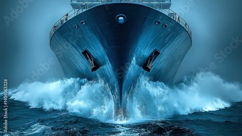 Powerful vessel plowing through turbulent seas.  Large ship cutting through waves, showcasing its impressive hull and powerful propulsion