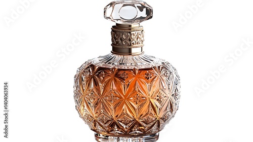Elegant Glass Perfume Bottle With Intricate Detailing On A White Background