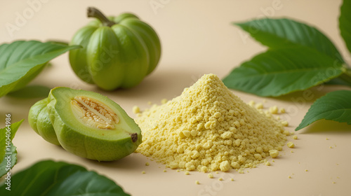 Garcinia Cambogia fruit and powder on a soft beige background with green leaves, showcasing the fruit's unique shape and texture.