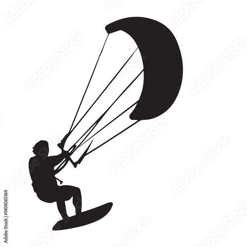 Kitesurfing Silhouette on White Background – Extreme Water Sport Vector Icon

