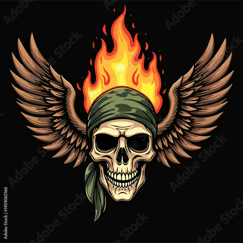 Biker vector t-shirt design with fire human skull
in military camouflage bandana, wings, 
flame on black background.
Fashionable print for fabric, paper, men clothing,
hoodie, jacket. T shirt template