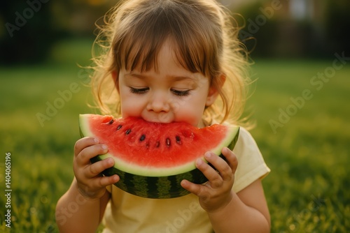 A sweet little girl bites into a large slice of juicy watermelon outdoors. Concept of summer.