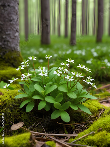 Small Chickweed wintergreen flowers on a late spring day in a boreal forest in Estonia, Northern Europe