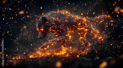 Fiery Wolf Running Through Embers at Night