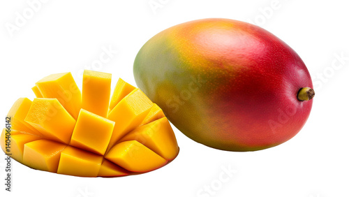 Whole Mango and Sliced Pieces Arranged on White Background