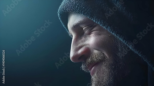 Closeup Portrait of a Weathered Man in a Hooded Sweatshirt